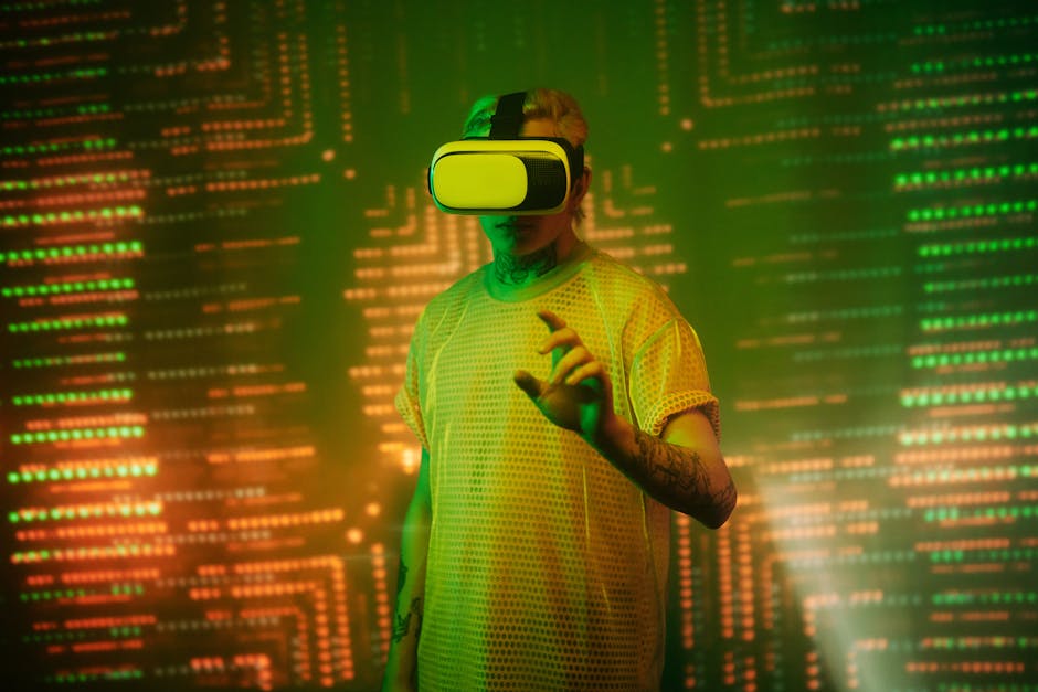 A futuristic office setting with an AI receptionist interacting with callers through a holographic interface.