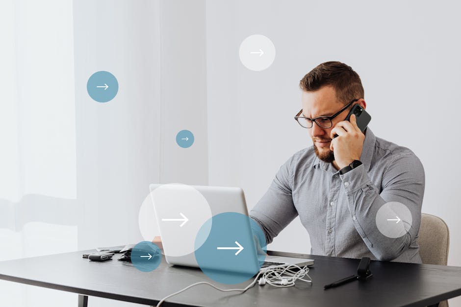 An illustration showing a business professional using a smartphone to manage calls efficiently, with holograms or icons representing AI technology