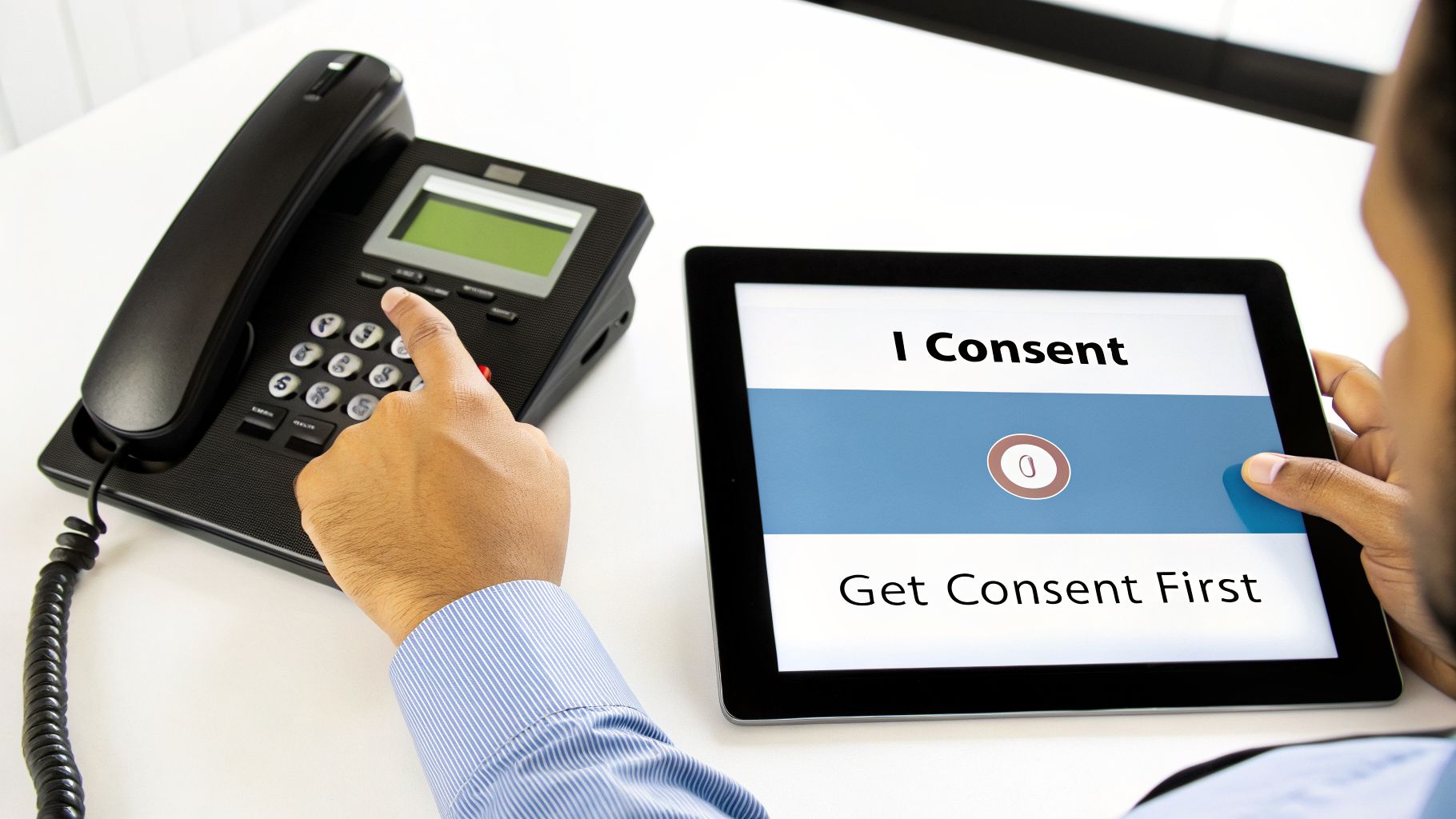 A person interacts with a desk phone and a tablet displaying "I Consent" and "Get Consent First" for call recording.
