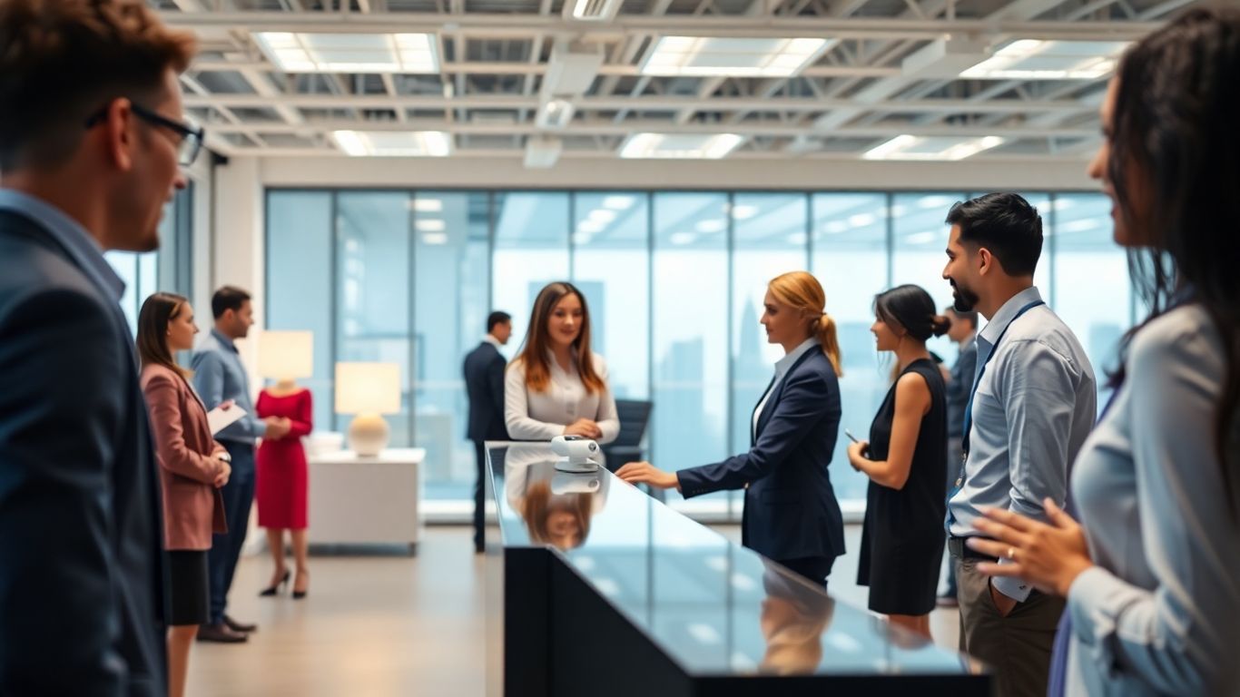AI hologram receptionist welcomes businesspeople in modern office.