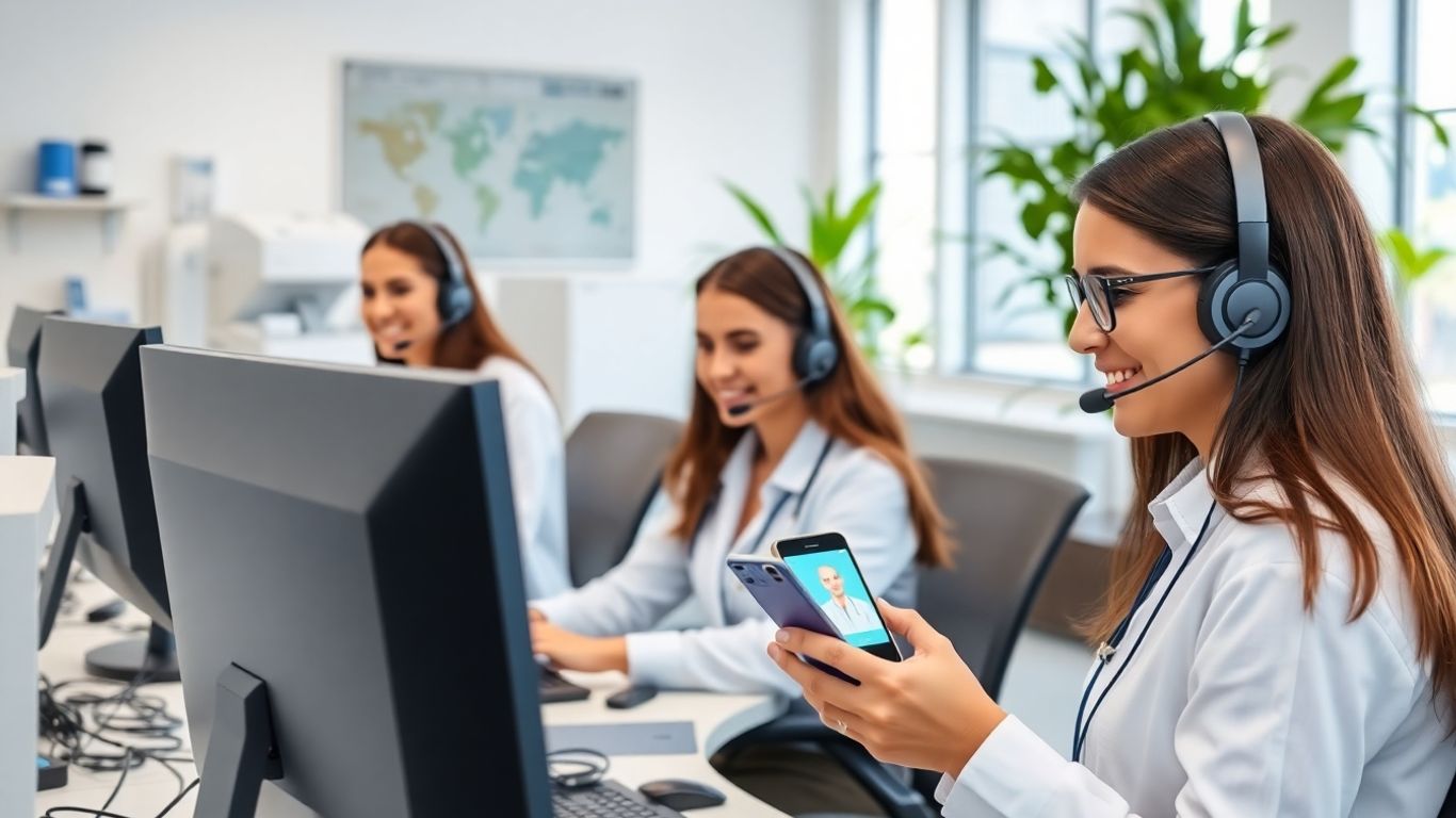 Healthcare call center staff helping patients by computer
