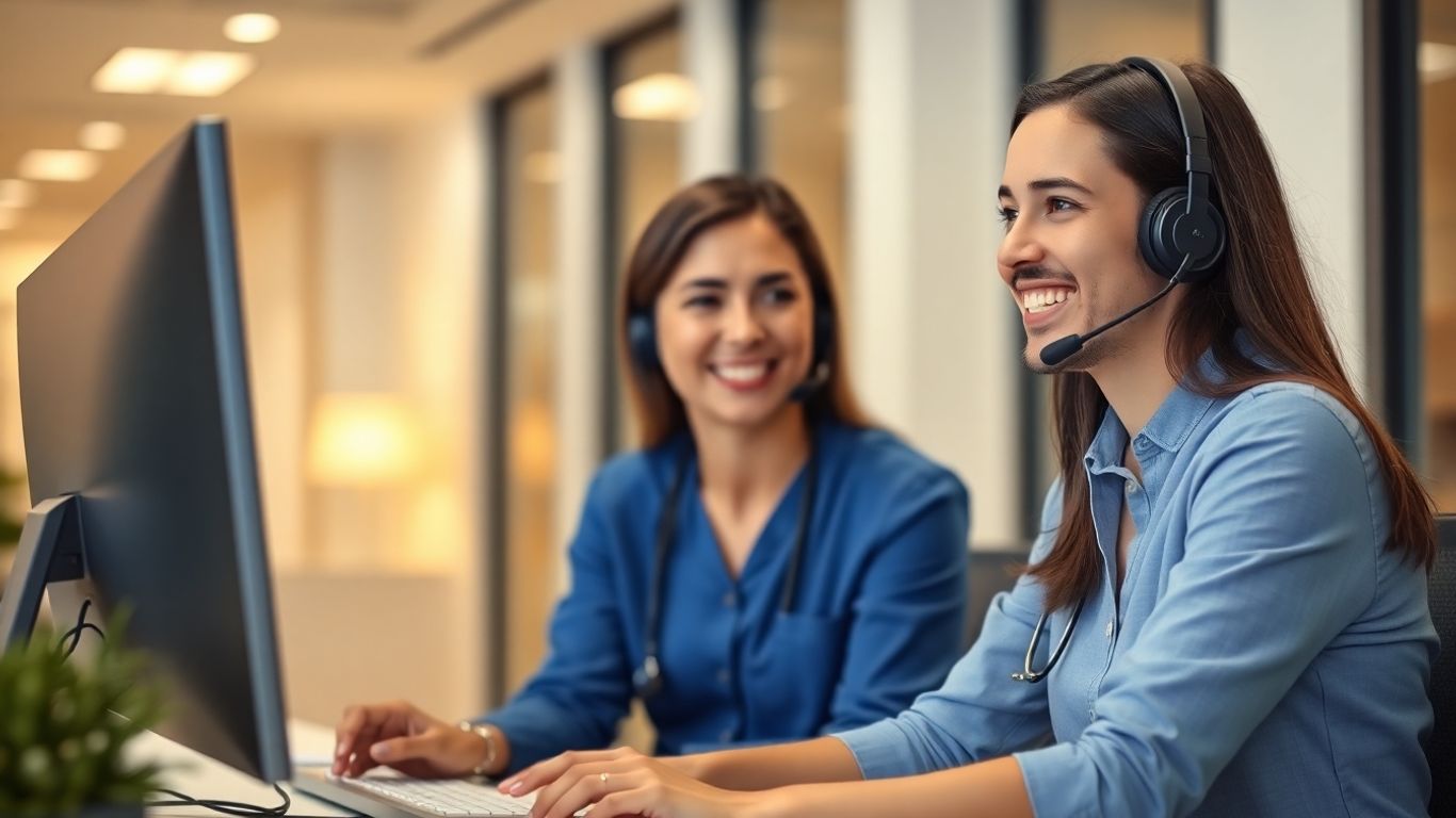 Call center agent assisting patient in healthcare setting