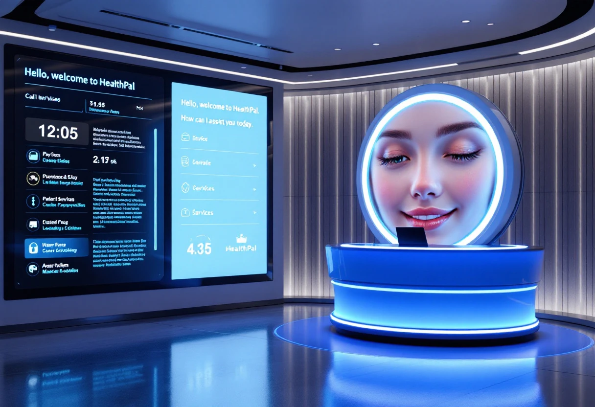 A healthcare professional speaking on the phone, surrounded by digital data overlays representing HIPAA compliance and patient data security.