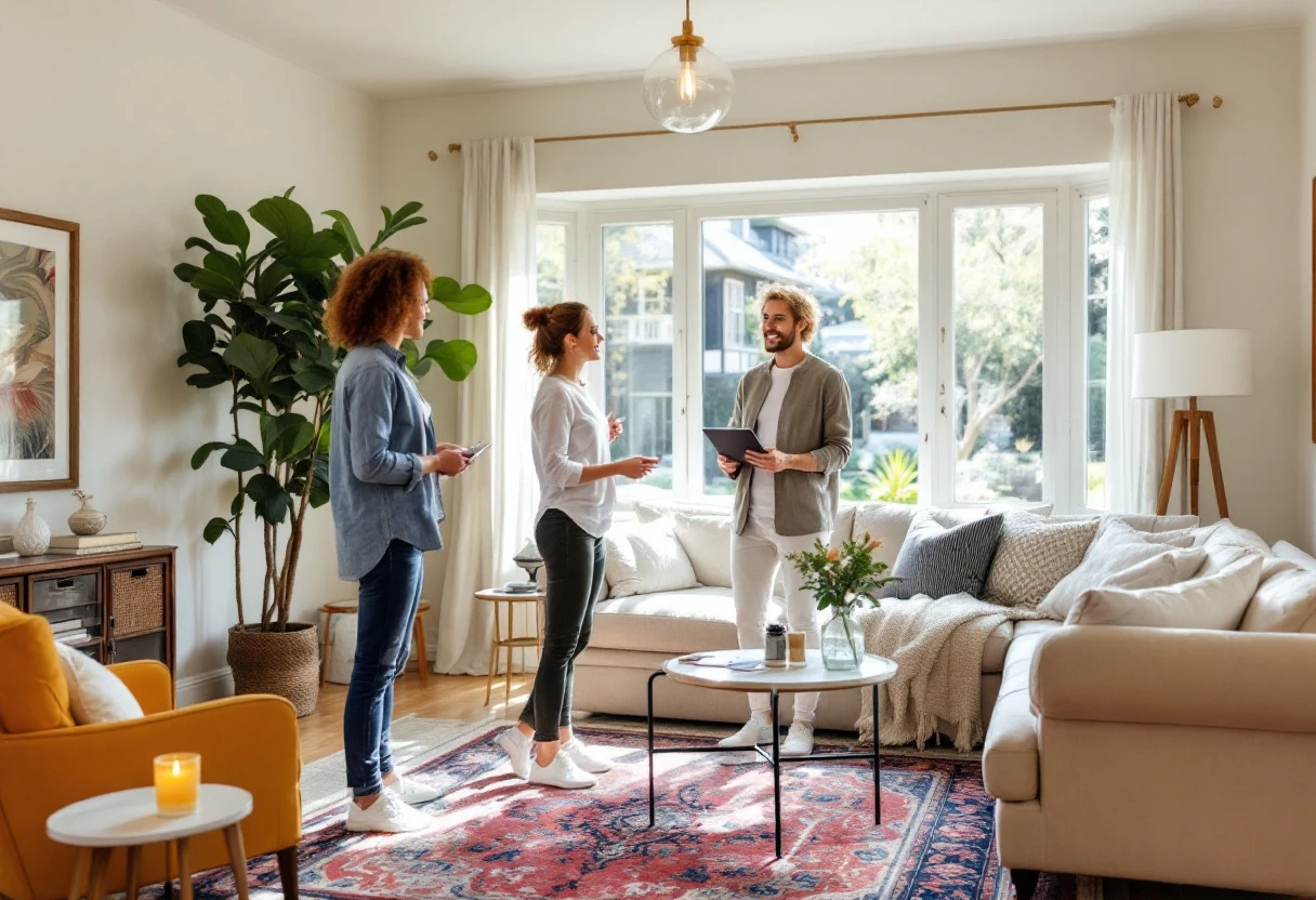 A beautifully staged living room featuring neutral tones, modern furniture, and vibrant accents that create a welcoming and aspirational atmosphere for potential buyers.