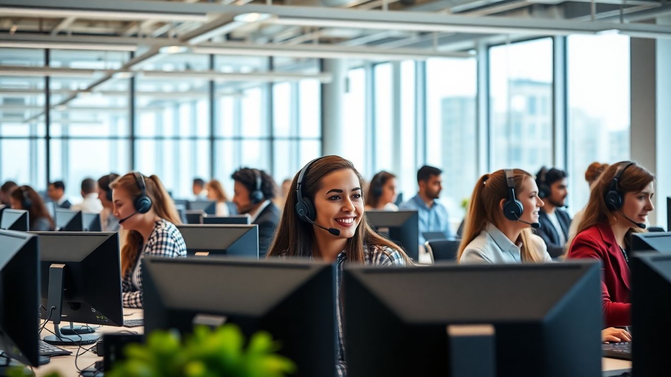 Modern insurance call center with agents at computers