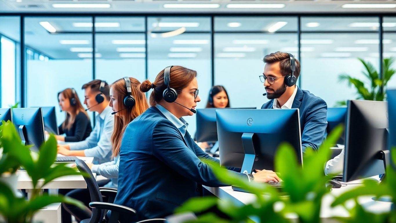 Professional answering service agents in modern office workspace