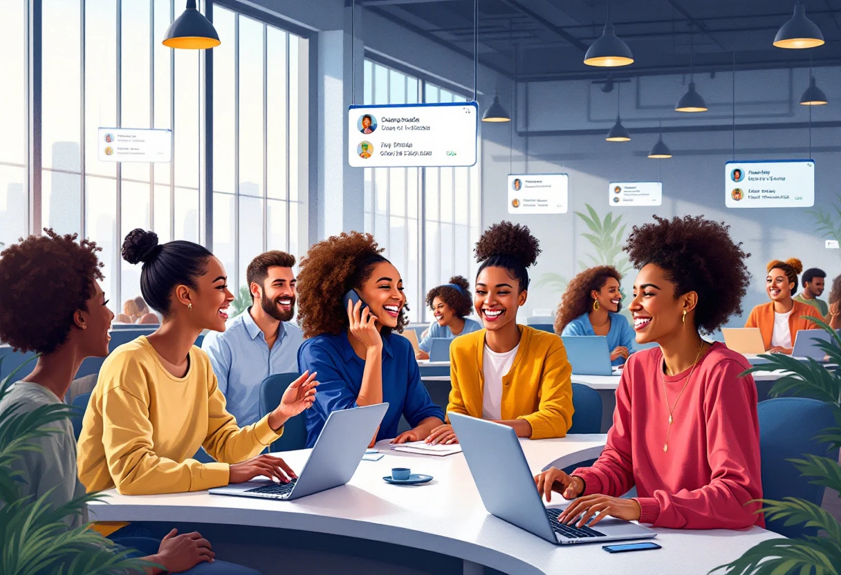 A dynamic graphic showing a diverse group of happy customers receiving personalized calls, emphasizing engagement and connectivity.