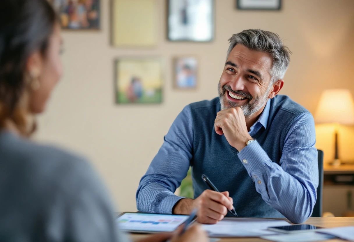 A representative on a call, smiling while discussing membership renewals with a customer, visually depicting engagement and personalized service.