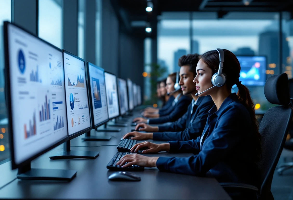 Image of a professional call center environment with staff engaging in membership renewal calls using advanced technology tools.