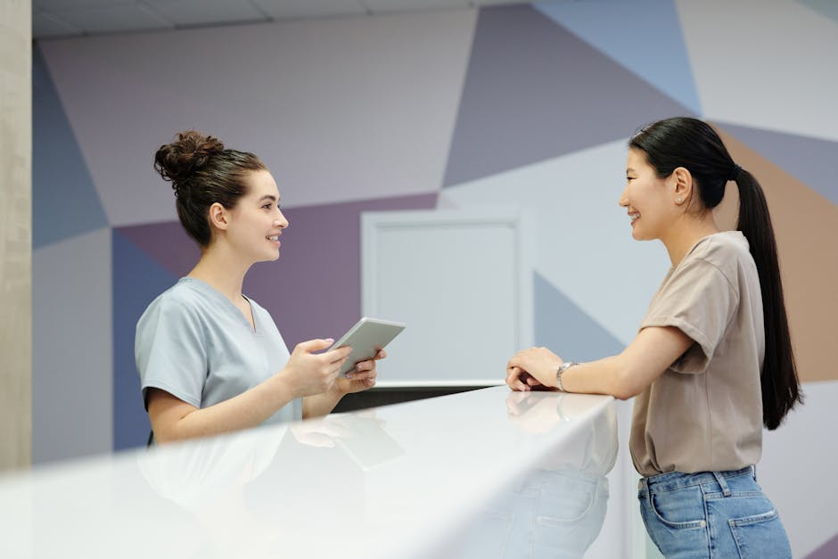 A friendly AI assistant at a virtual reception desk, welcoming customers and showcasing modern technology.