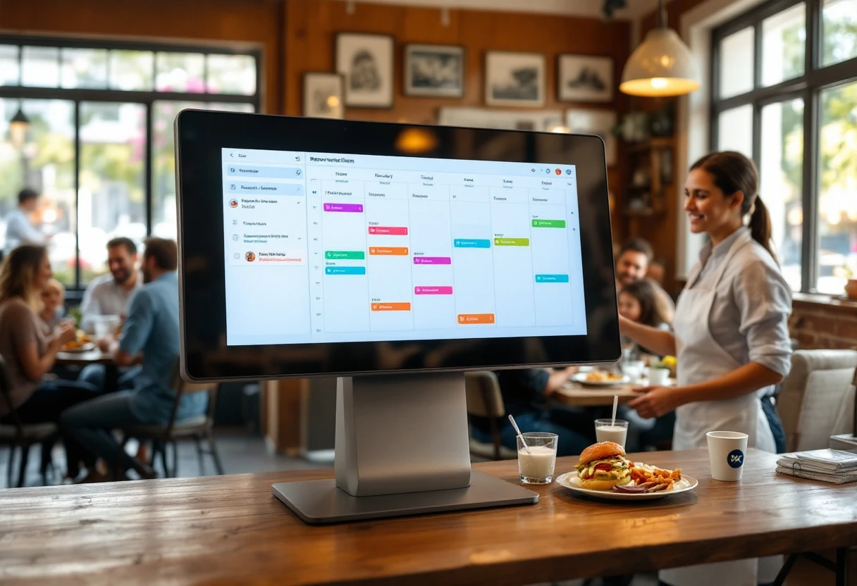 A busy restaurant scene showcasing a digital reservation system in use, with waitstaff interacting with happy guests.