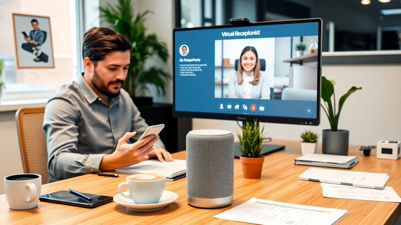 Small business owner using AI virtual receptionist at desk