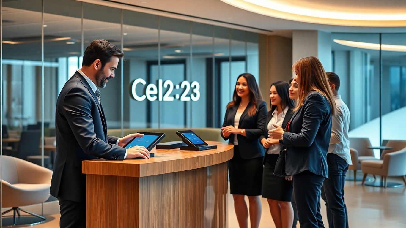 Modern reception with digital devices and welcoming atmosphere.
