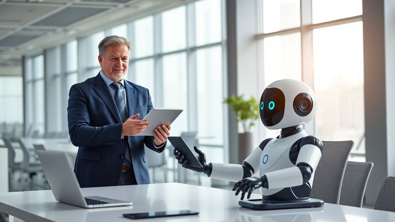 Businessperson and robot assistant working together in office