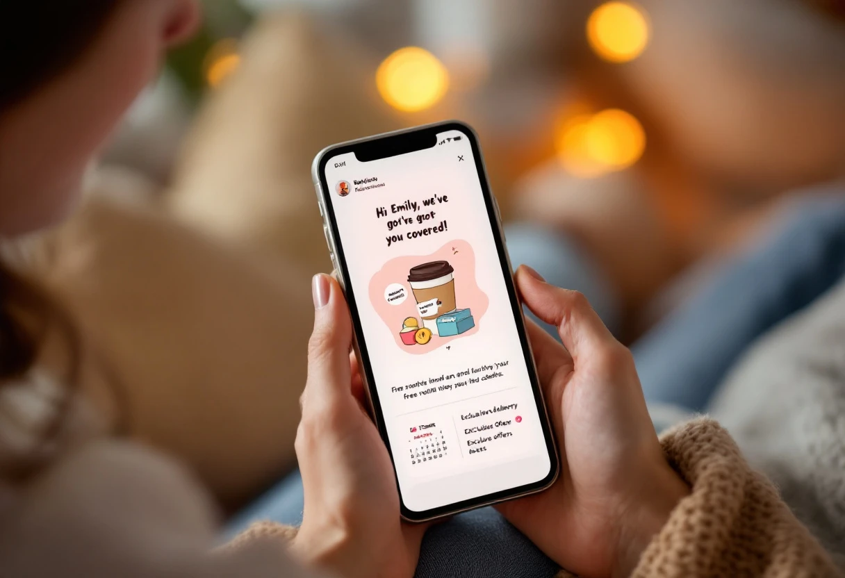 A creative visualization of a person receiving a thoughtful, personalized subscription renewal reminder on their smartphone, with engaging graphics illustrating subscription benefits.