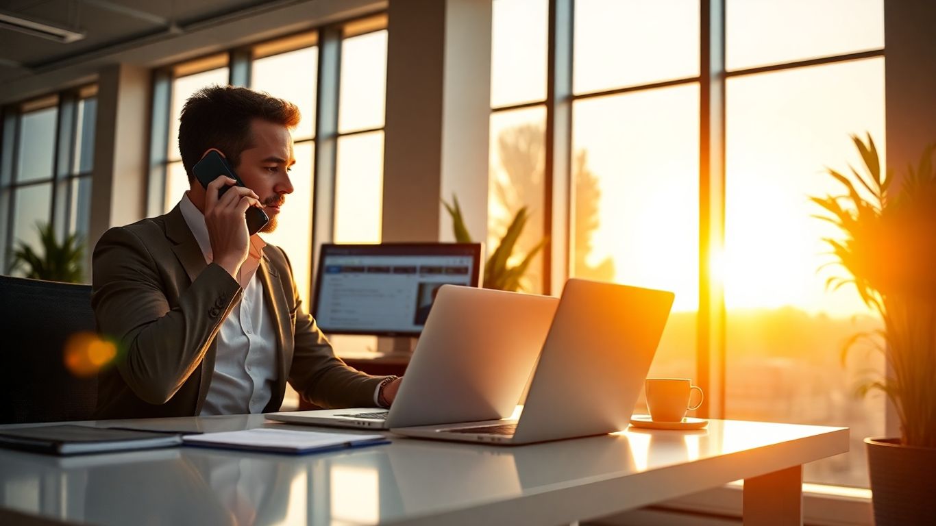 Business professional taking call with sunrise in modern office