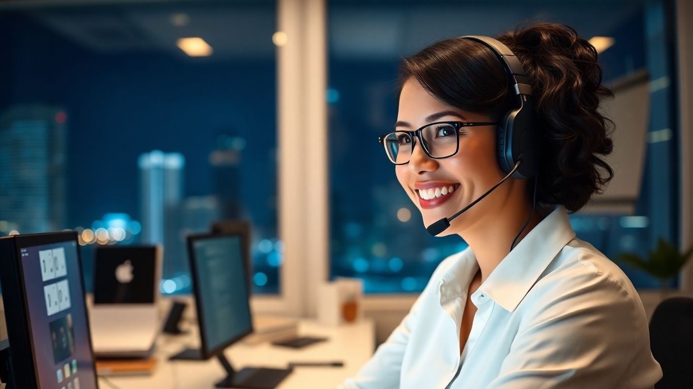 Customer service agent working in modern office at night
