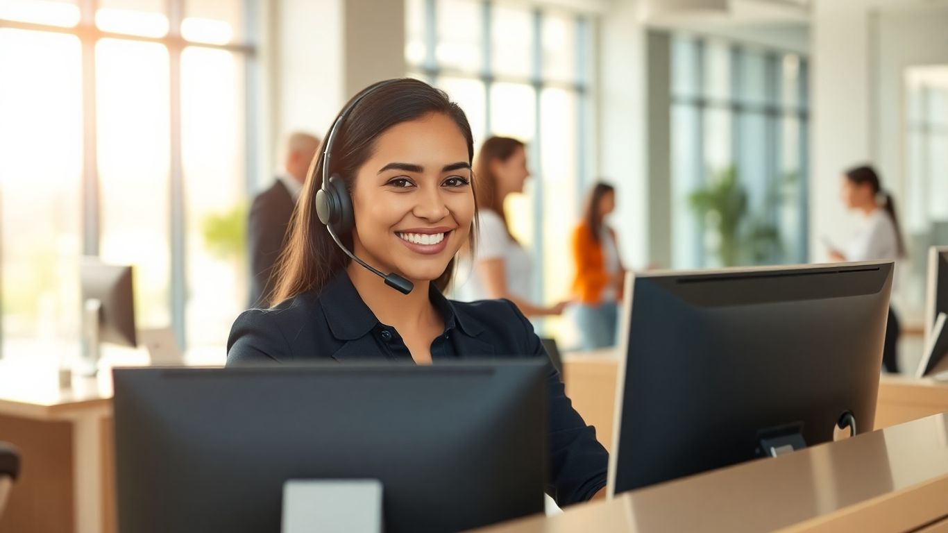 Smiling receptionist at modern office front desk headset