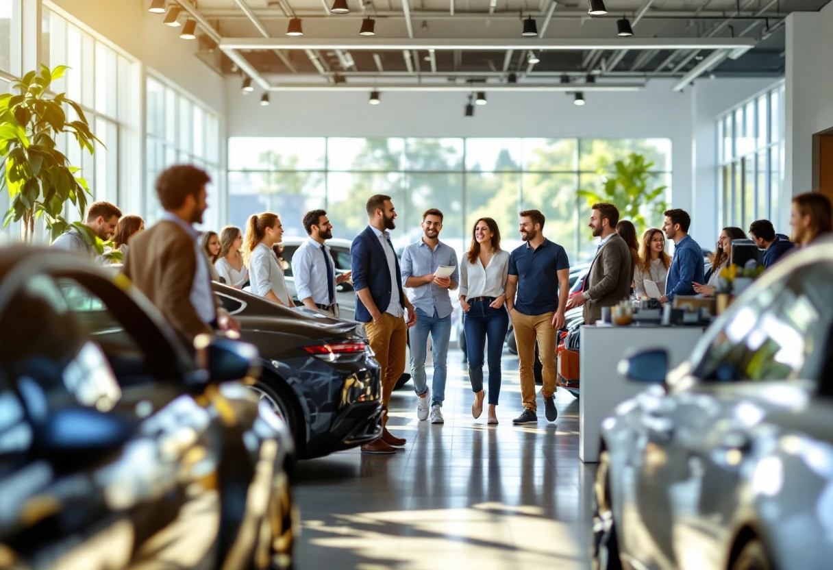 A vibrant and inviting car dealership scene showcasing people happily engaging with sales staff, with one person taking a test drive while others consult on details.