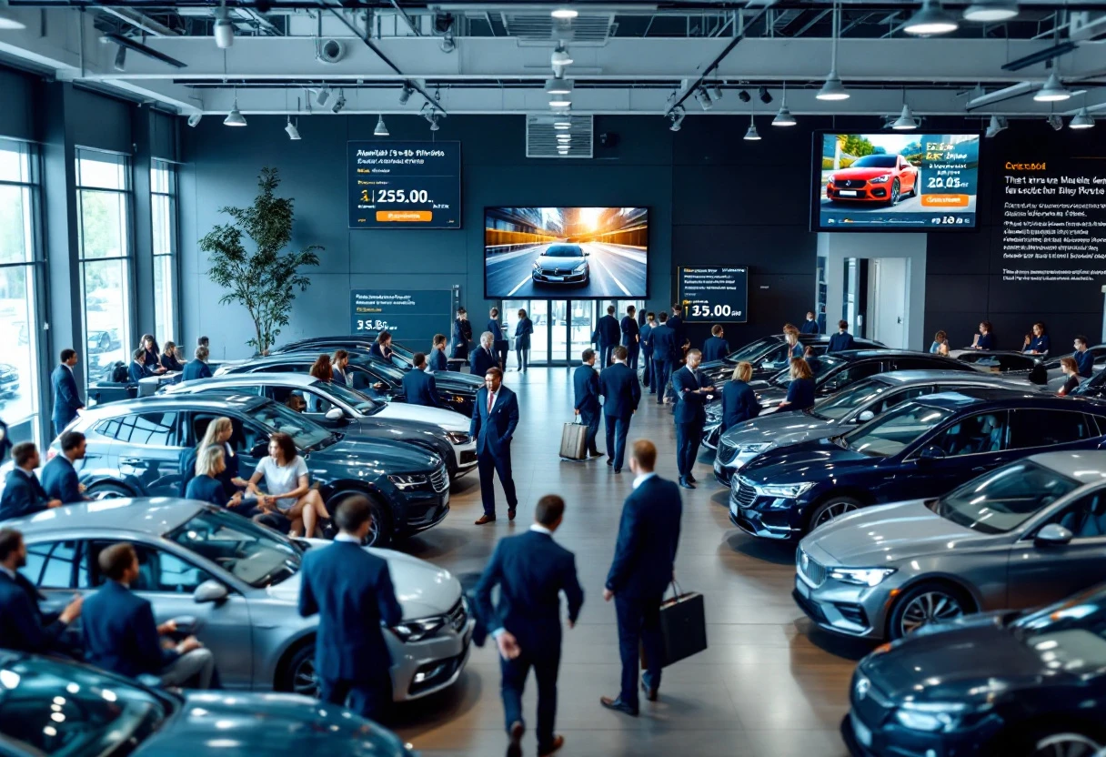 A dynamic image showing a busy dealership with customers interacting with staff, featuring digital displays showcasing available test drive slots and reminders.