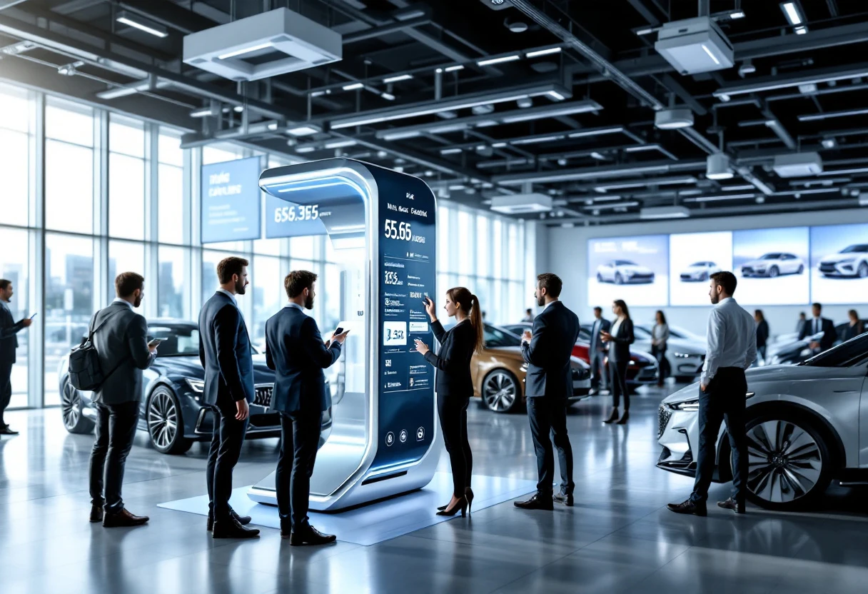 A modern car dealership with a digital kiosk for scheduling test drives. The scene illustrates customers using technology to streamline the process.