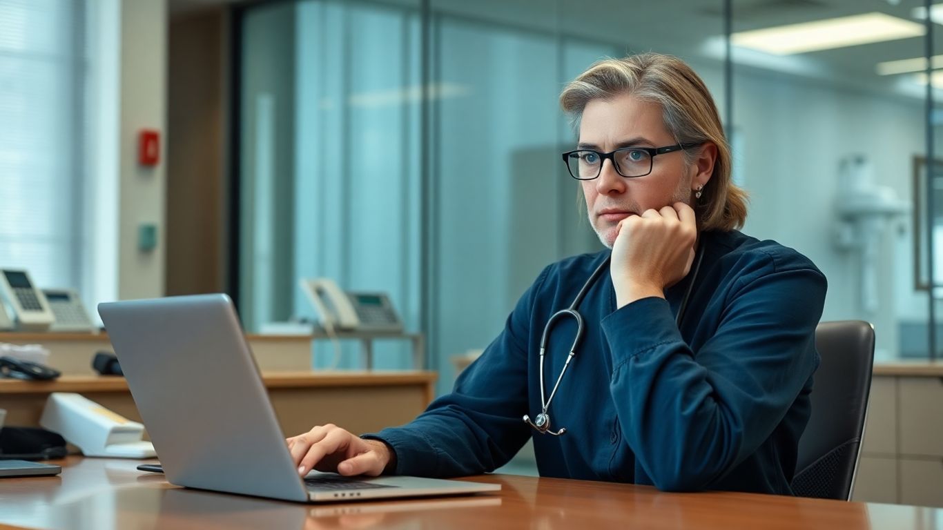Doctor troubleshooting login on laptop in medical office