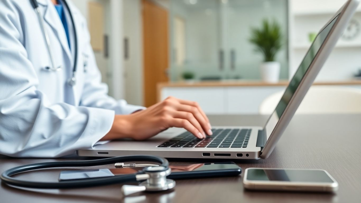 Doctor logging into medical service on laptop