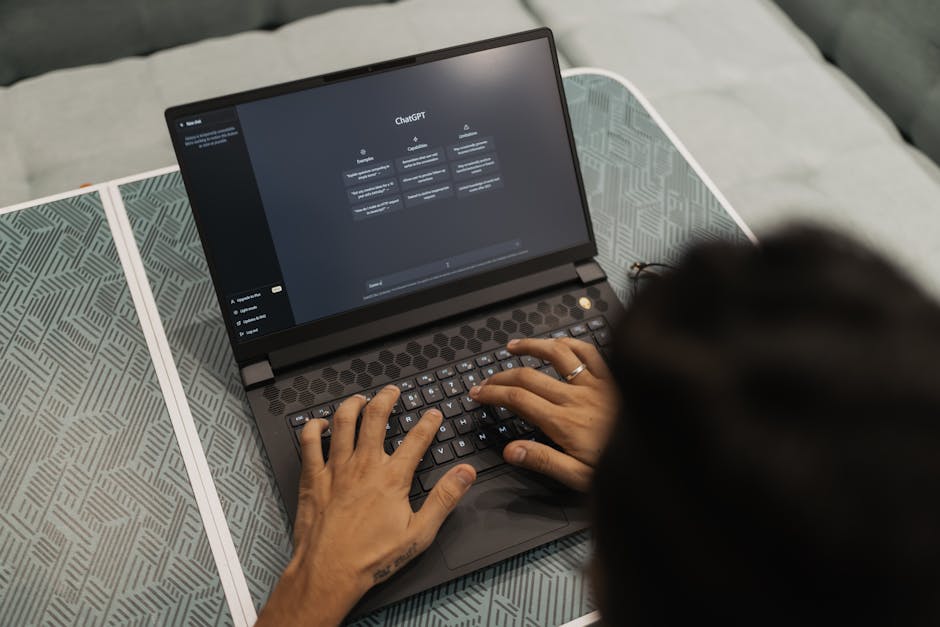 A vibrant image showing a modern office space with AI technology in action, featuring a friendly AI assistant helping clients through a digital interface.
