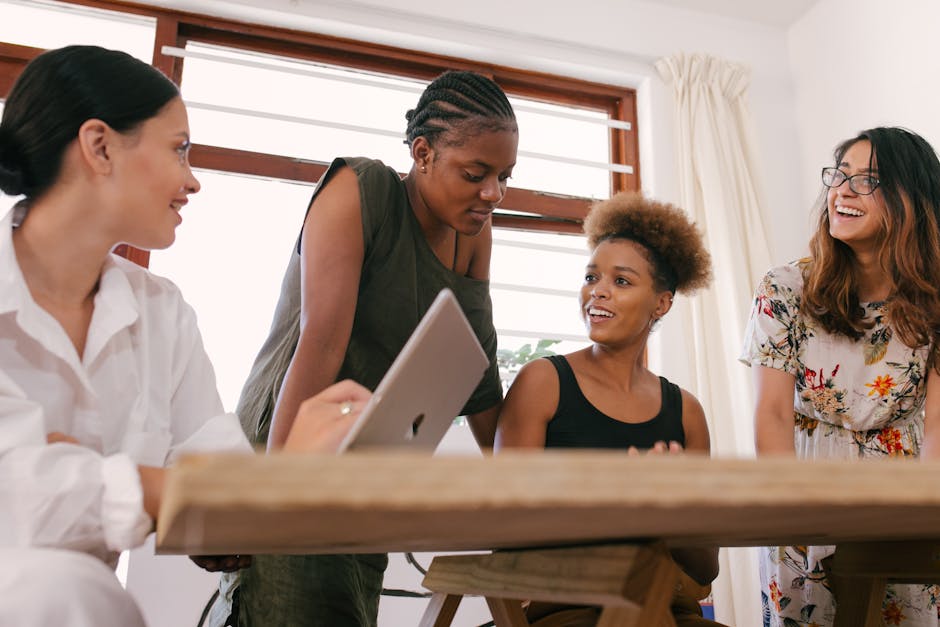 An engaging visual depicting a diverse group of professionals using their phones, interacting with AI-driven technology in a dynamic office setting.