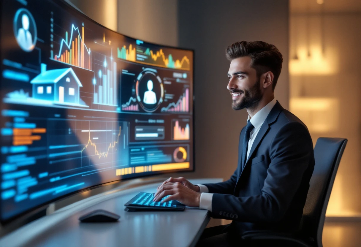 A vibrant graphic showing a real estate agent using technology to connect with leads in a fast-paced environment, illustrating the concept of automated follow-ups.