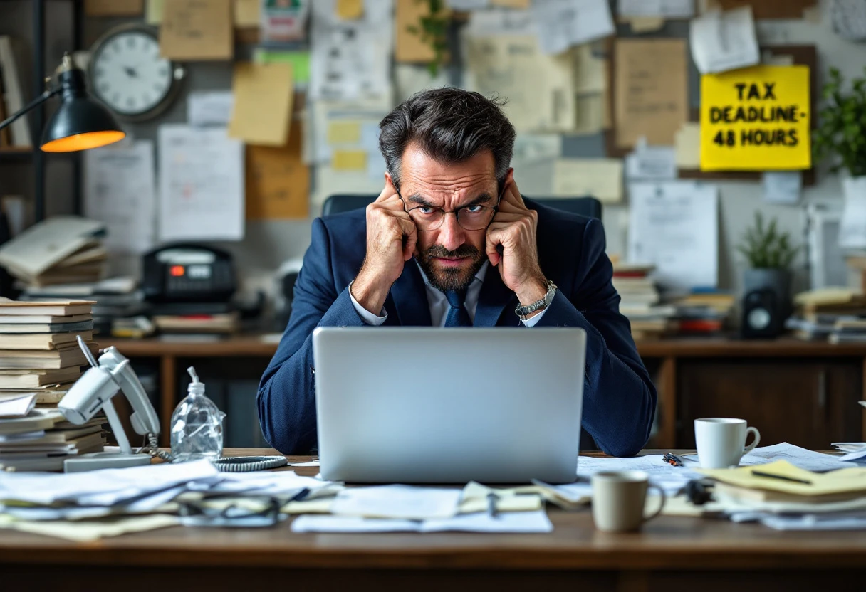 Image of a busy accountant at a desk surrounded by documents, with a digital calendar and reminders on a screen. The setting reflects a sense of organized chaos during tax season.