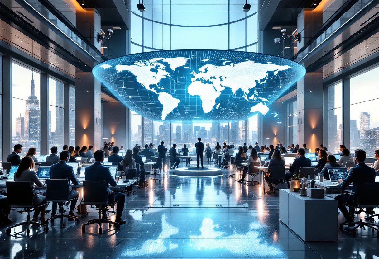 An image depicting a busy office landscape with employees using automated technology to manage client communications efficiently.