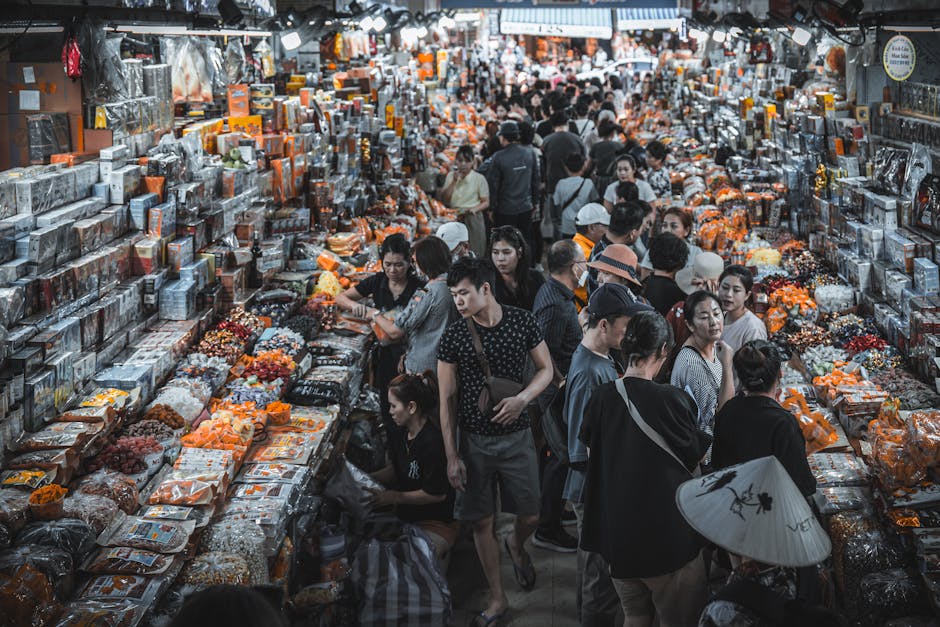 A vibrant marketplace showcasing various telecom products with enthusiastic resellers interacting with clients