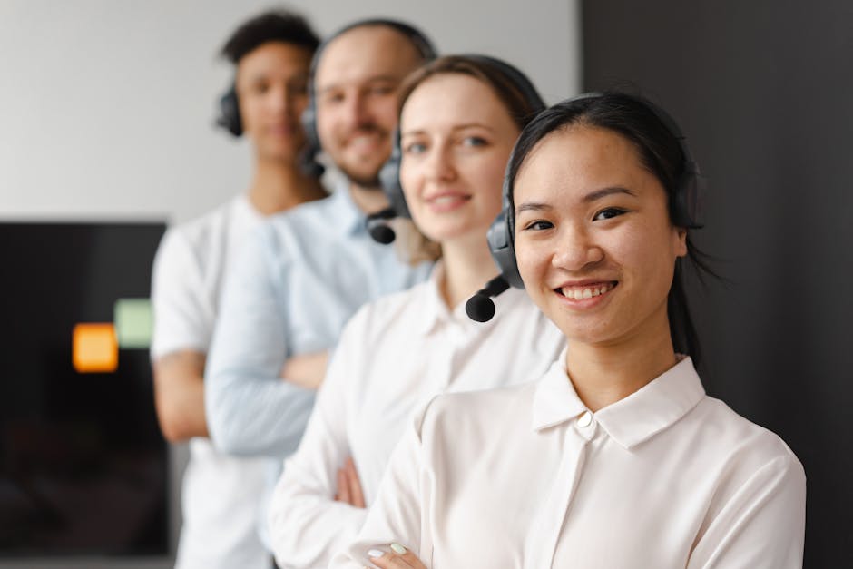 A vibrant illustration depicting a diverse group of people engaged in various communication scenarios, showcasing modern technology and customer service.