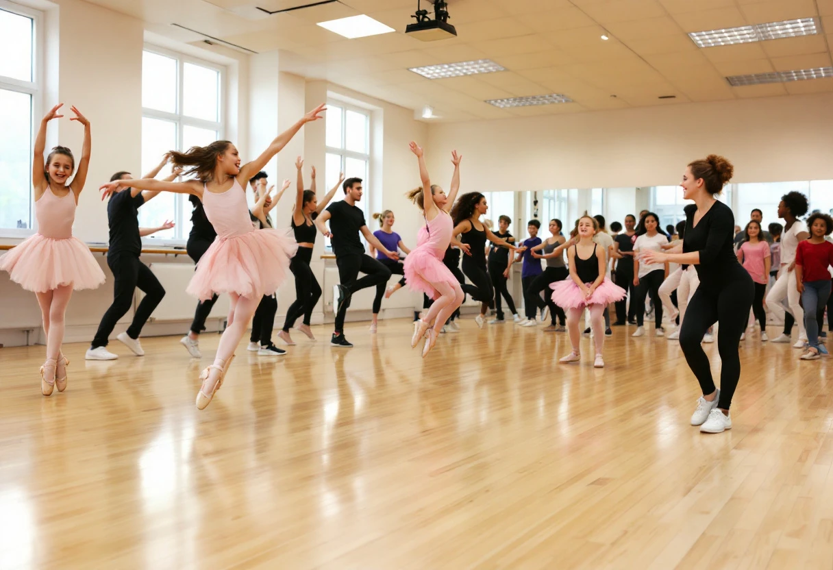 A vibrant dance studio filled with students engaging in various styles of dance, showcasing energy and enthusiasm.