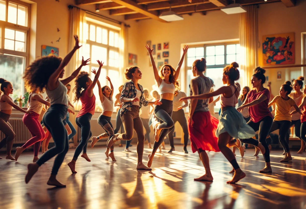 A vibrant, engaging image of a dance studio filled with students of various ages participating in a class, portraying a lively atmosphere.