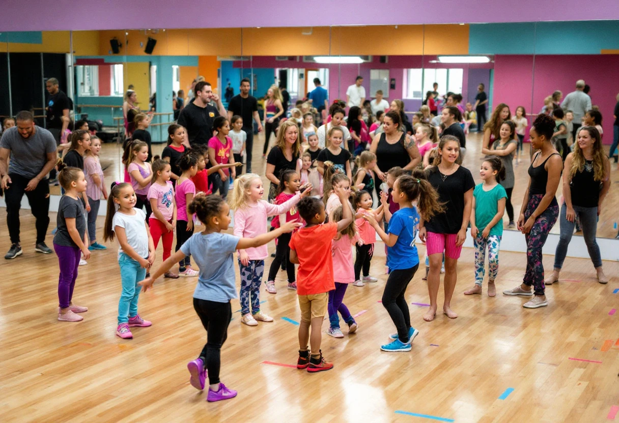 A vibrant dance studio filled with students of various ages practicing together, showcasing a lively and engaging environment.