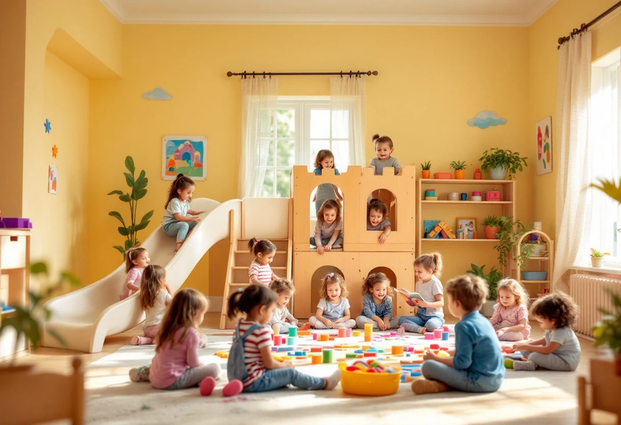 A vibrant scene of a daycare where children are happily engaged in various activities, showcasing a welcoming environment for potential enrollees.