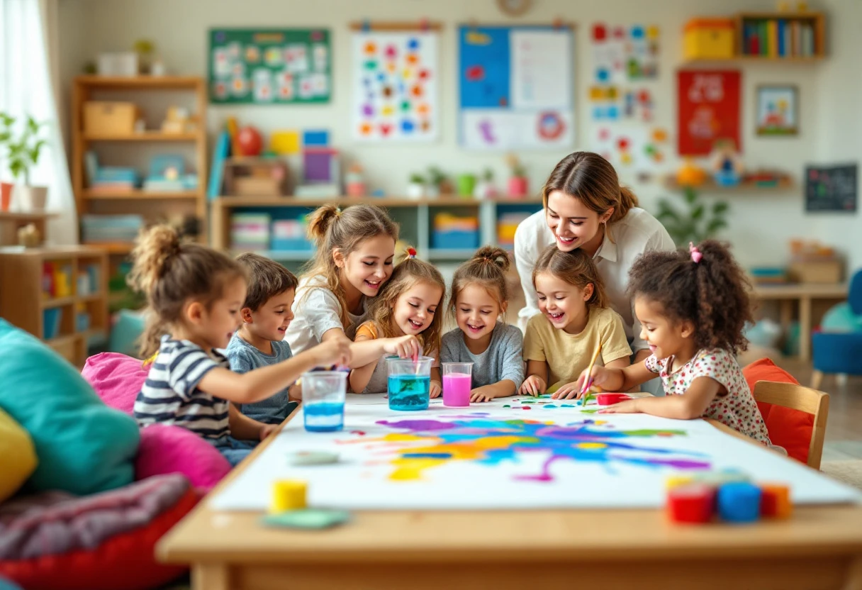 Creative depiction of children engaged in fun learning activities at a daycare center, showcasing a warm and inviting environment.