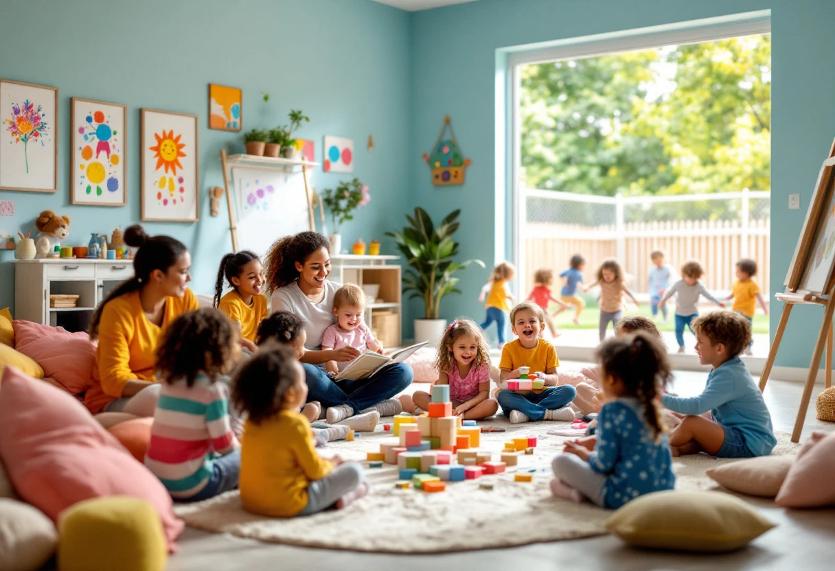 An inviting daycare environment with children and caregivers interacting positively.