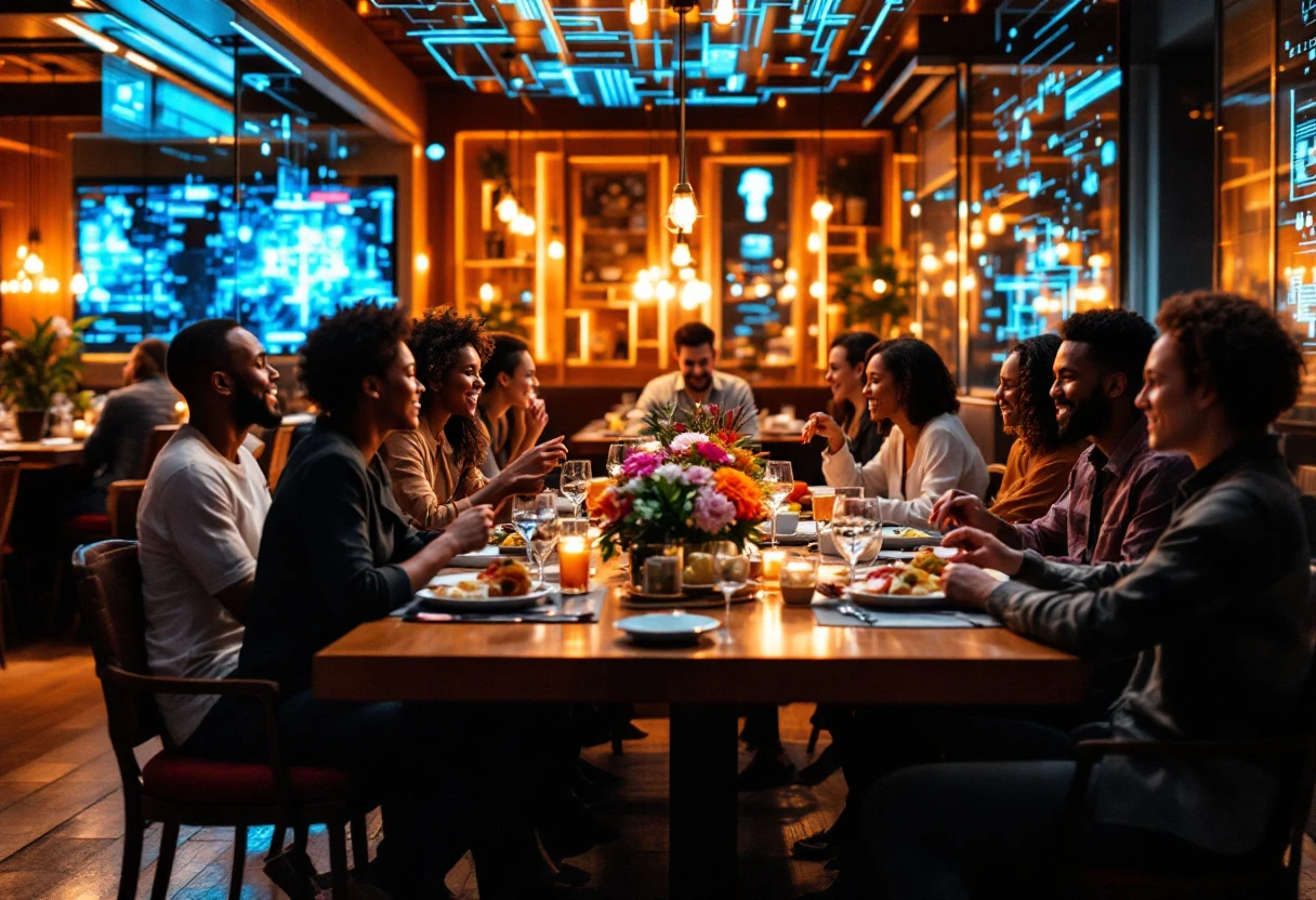 Image of a busy restaurant with a digital tablet showcasing reservation confirmations, and patrons happily interacting with staff.