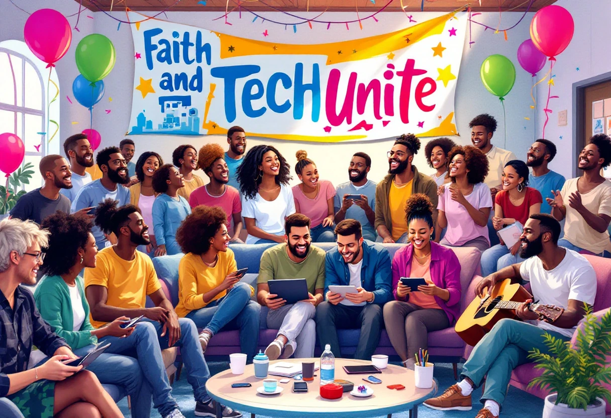 A vibrant image depicting a diverse group of church members participating in a community event, engaging with technology, and smiling together.