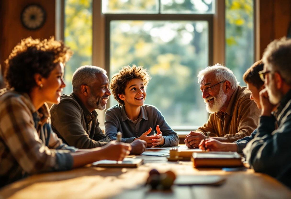 An image showing a diverse group of church members engaging in a meaningful discussion about community projects and pledge contributions.