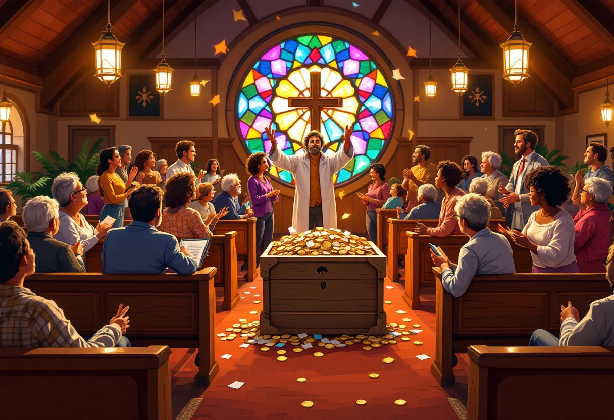 Creative image depicting a church community in a warm gathering, discussing donations with engagement and support.
