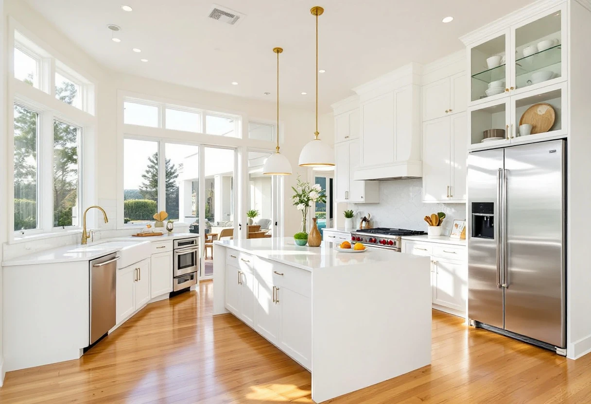 A vibrant kitchen showcasing a modern remodel with smart appliances and an open layout, filled with natural light and a welcoming atmosphere.