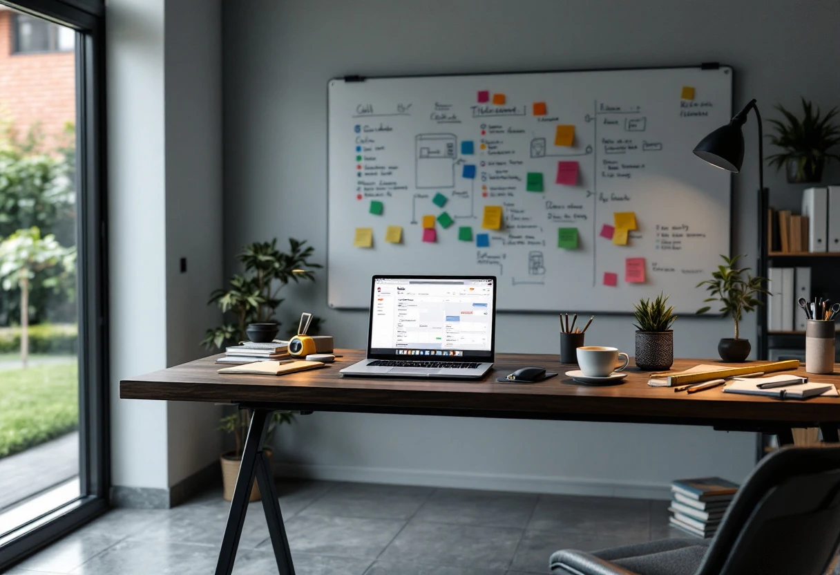 A professional workspace that features a laptop with Novi’s dashboard open, displaying scheduled calls and appointments alongside tools used for kitchen remodeling.