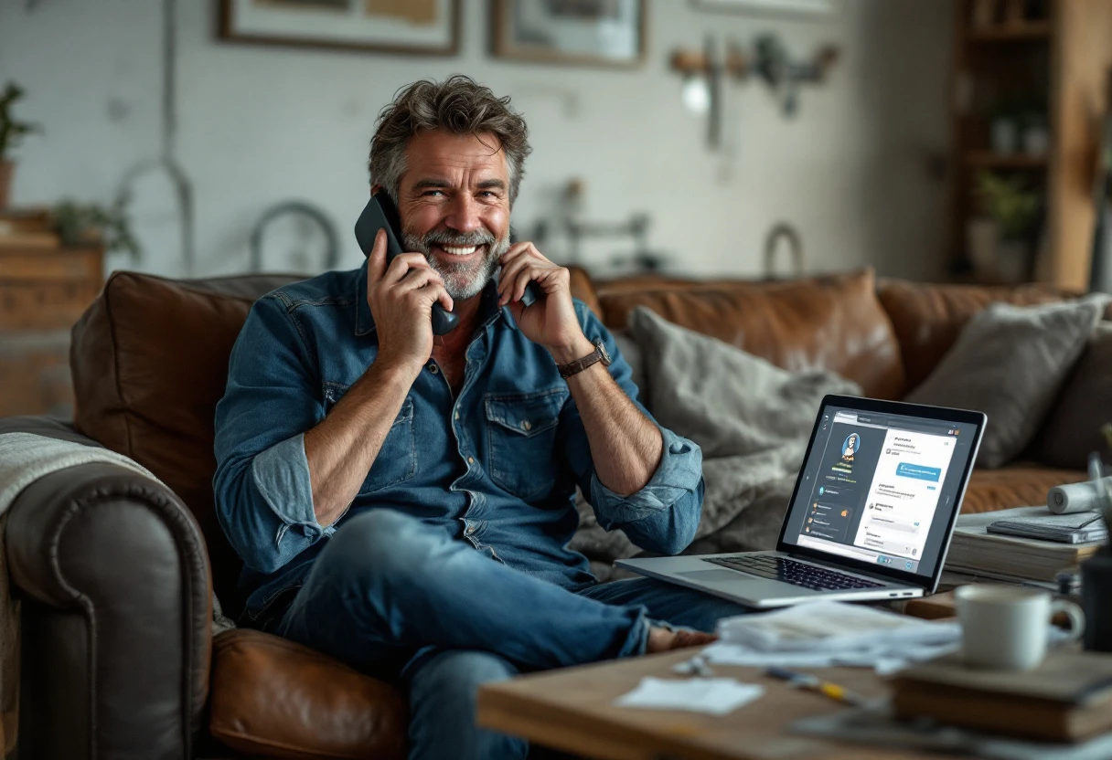 A roofing contractor speaking with a client over the phone, with an AI interface displayed on a laptop in the background.