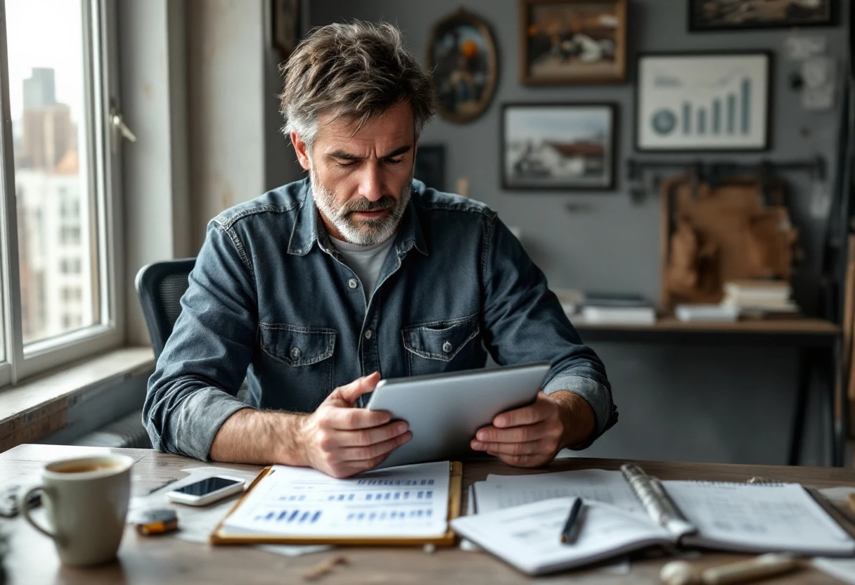 An image depicting a roofing contractor reviewing estimates with a digital device, symbolizing AI automation in customer engagement.