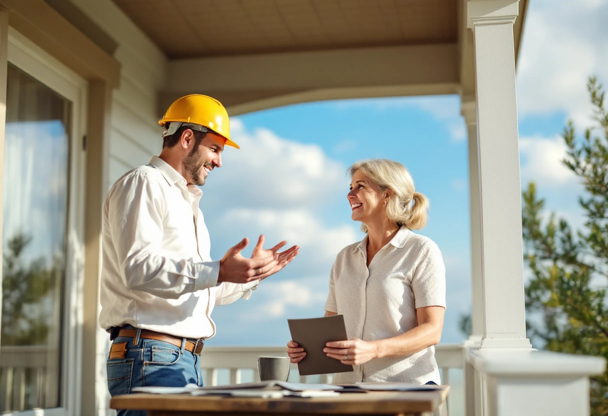 Image showing a cheerful roofer discussing with a homeowner, both looking at roofing samples together outdoors, illustrating the interaction and relationship building.
