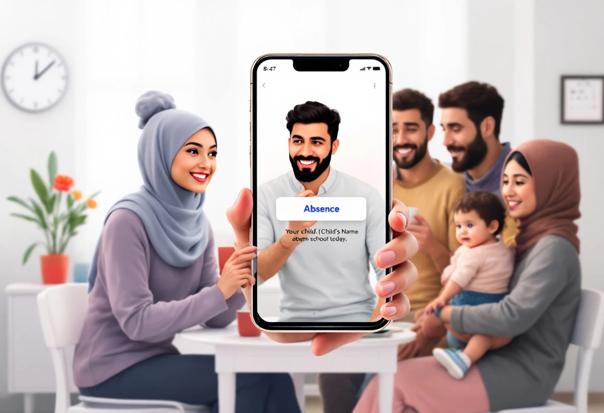 Image of a smartphone displaying notifications for school absence, surrounded by diverse parents receiving the calls, representing effective communication in education.